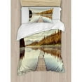 thumbnail image 3 of Fall Duvet Cover Set King Size, Wooden Pier on the Lake Serene Morning in the Woods Fishing Misty Recreational Image, Decorative 3 Piece Bedding Set with 2 Pillow Shams, Multicolor, by Ambesonne, 3 of 3