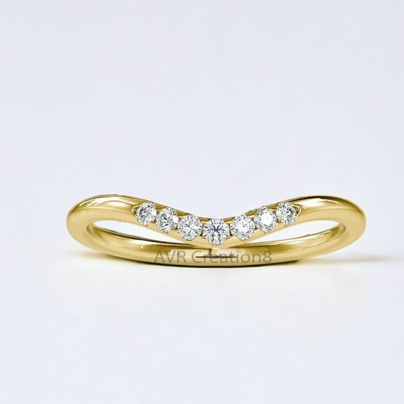Diamond Curved "V" Shape Wedding Ring, 14K Yellow Gold Plated Minimalist Stackable Band for Women