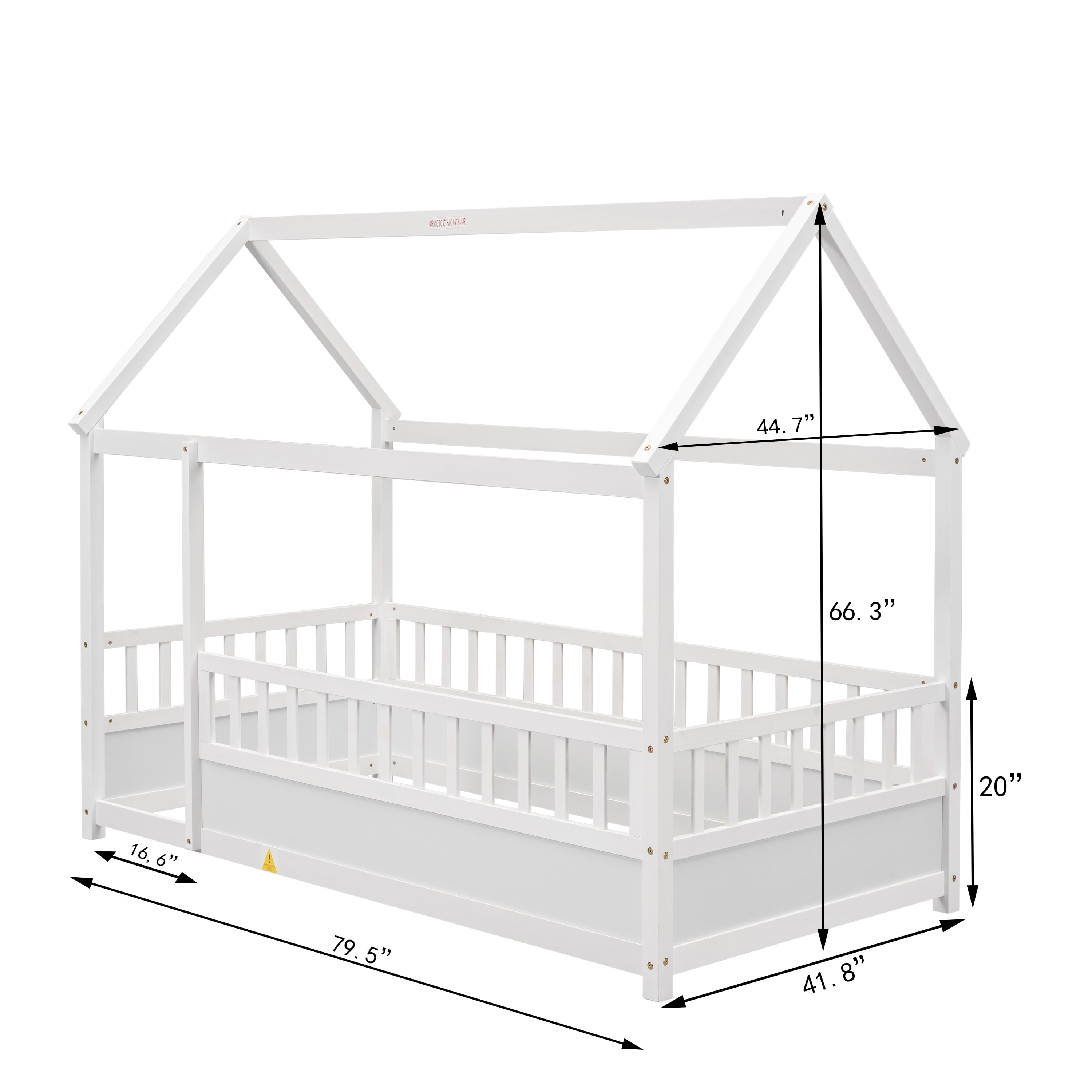 Twin Size Montessori Bed, Wooden Floor House Bed with 20" High Fence and Roof, Montessori Floor Beds Without Slats for Boys,Girls, White