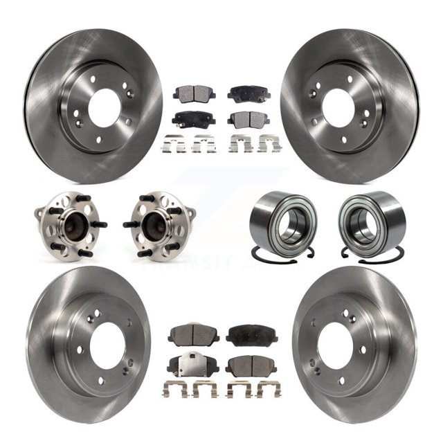 Transit Auto Front Rear Wheel Hub Bearings Assembly Disc Brake Rotors and Ceramic Pads Kit (10Pc) for Car 2014 Kia Forte LX Without 15" Factory Wheels - Left Right Side (Driver Passenger) KBB-126576