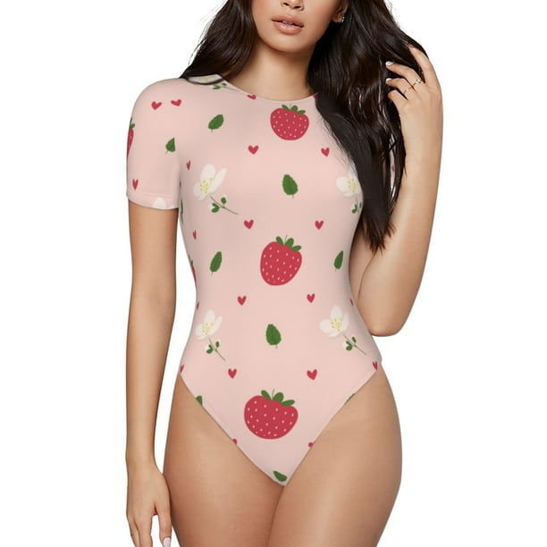 Balery Strawberry Body de cuello redondo de manga corta para mujer Tops de manga corta Tops básicos-Large