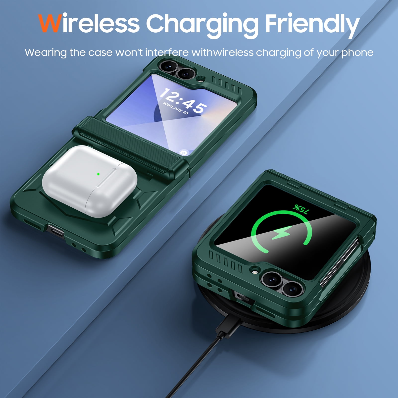 Oupeigar for Samsung Galaxy Z Flip 6/7 FE Phone Case,with Screen Protector,Wireless Charging,All-Inclusive Rugged Shockproof Phone Case-Green