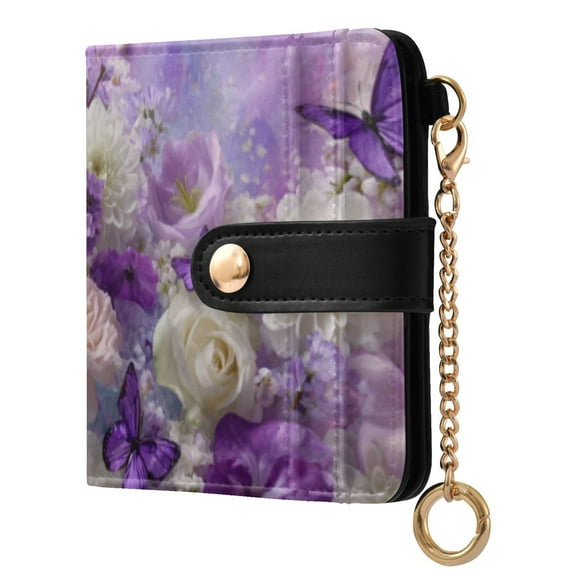 Qxltty Purple Butterfly Floral Ladies Wallet Rfid Slim Thin Compact Credit Card Women Wallet Zipper Coin Pocket and ID Window for Female Gifts