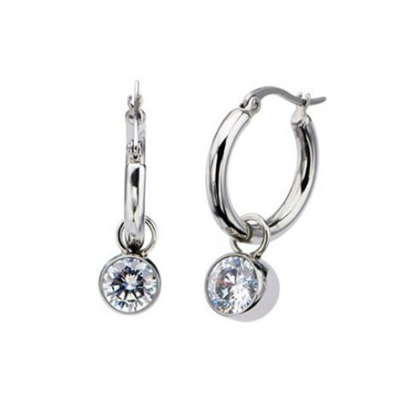 Inox Jewelry SSE2303 Bezel Set CZ Hoops Stainless Steel Earrings
