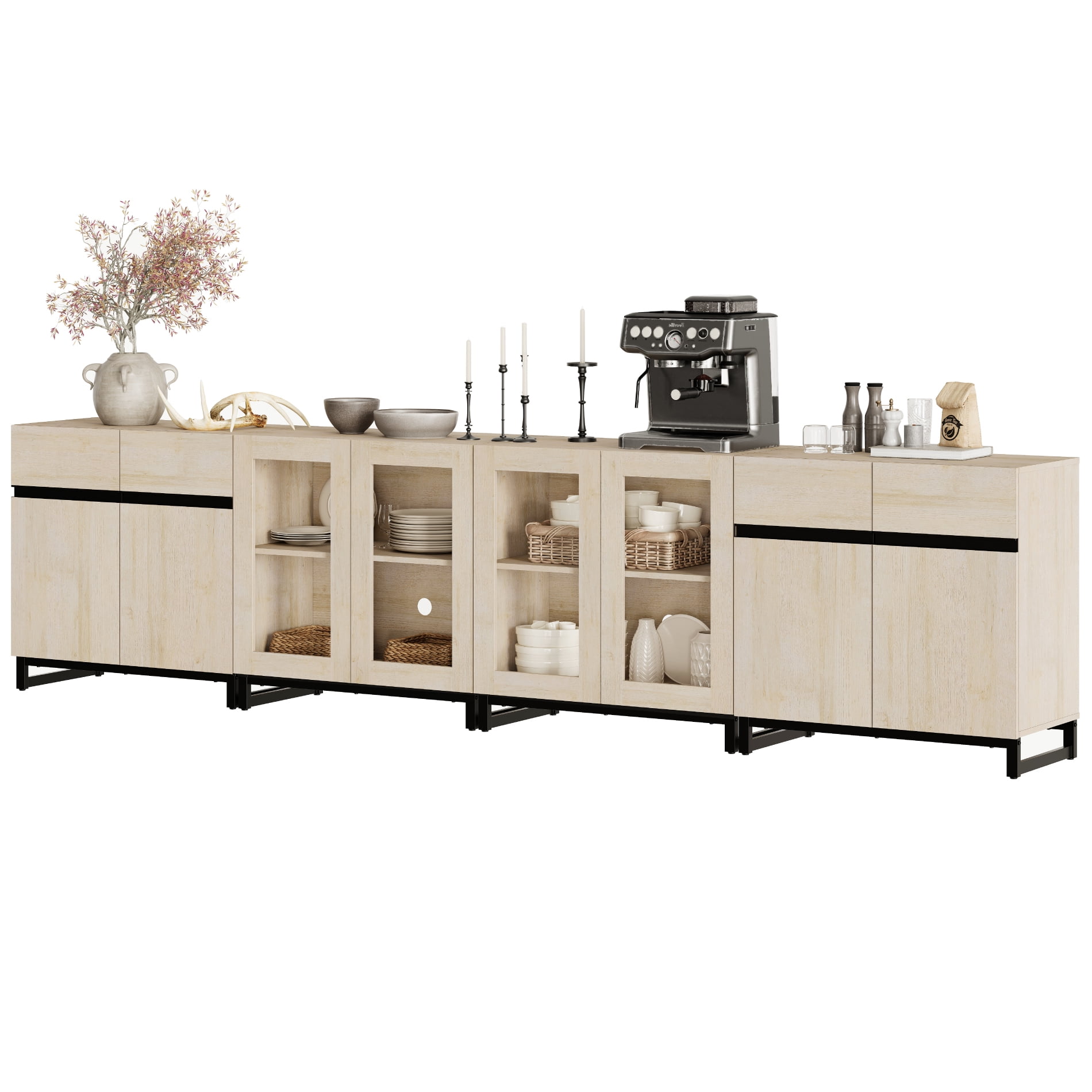 4 In 1 Multifunctional Dresser with Glass Doors & 2 Drawers, Modern Storage Chest with Adjustable Shelf, Closet Organizer Storage Cabinet for Bedroom Home Use,Beige
