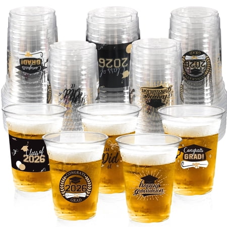50 Pack Graduation Decorations Class of 2026, 16 Oz Black and Gold Clear Plastic Cups Disposable Party Cups for Drinks 2026 School Grad Party Favors Supplies