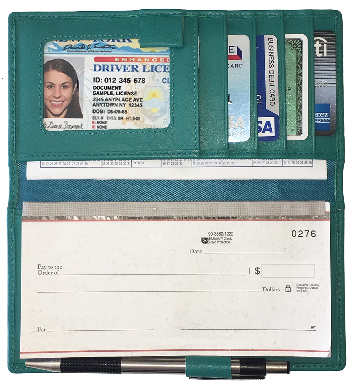 RFID Leather Checkbook Cover With Credit Card Slots And Pen Holder Turquoise