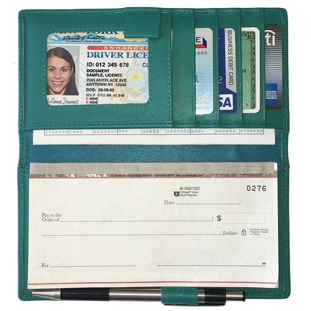 Teal RFID Leather Checkbook Cover with Credit Card Slots and Pen Holder