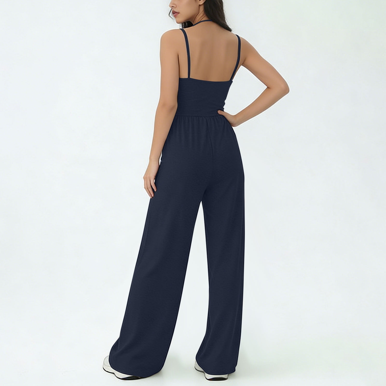 Dazajoo Casual Halter Jumpsuits for Women One Piece Spaghetti Strap Rompers Summer Sleeveless High Waist Jumpsuit,Blue,XL