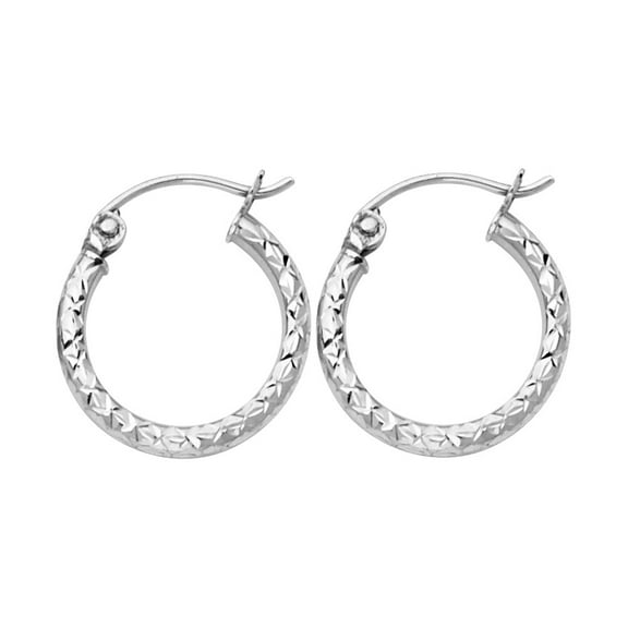 Small Round Tube Hoops 14k White Gold Earrings Diamond Cut Design French Lock Genuine 15mm x 1.5mm