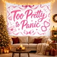 thumbnail image 3 of "Too Pretty to Panic" Watercolor Script on White with Pink Bows and Hearts, Whimsical Illustration for Teen Girls, Inspirational Wall Art, Birthday Gift Tapestry Wall Hanging for Bedroom and Dorm, 3 of 7