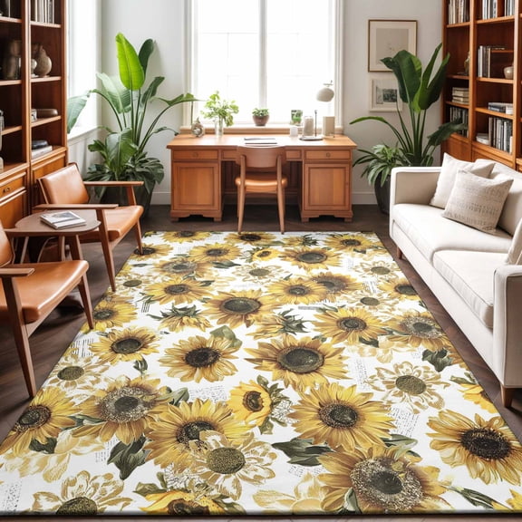 3'x5' Area Rugs, Vintage Sunflowers Indoor Outdoor Area Rug for Living Room Bedroom, Farmhouse Floral Blossom Watercolor Washable Bathroom Rugs Kitchen Floor Carpet Mats Home Decor Aesthetic