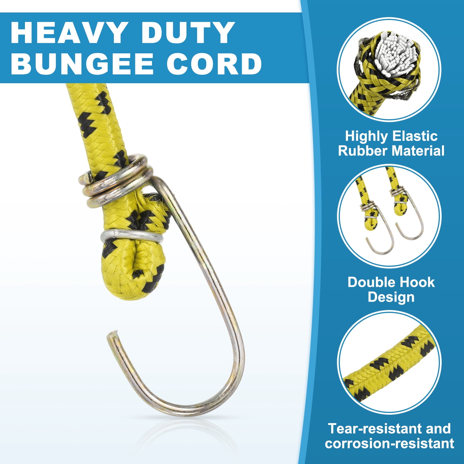 Uxcell 3/8" x 3.3ft Marine Grade Bungee Cord with Hooks, 4Pcs Rubber Heavy Duty Outdoor Elastic Straps Kayak Stretch String Rope for Securing Luggage Moving Cargo, Yellow