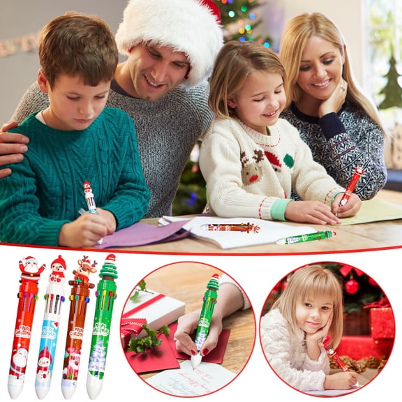 Cagogo under $5 4Pcs Multicolor Pen, Multi Color Press Pen, 10 Color Ballpoint Pen,ChildrenChristmas Gift, Teen Writing Pen, Cartoon Character Pen, Holiday Study Supplies, Christmas Party Favor