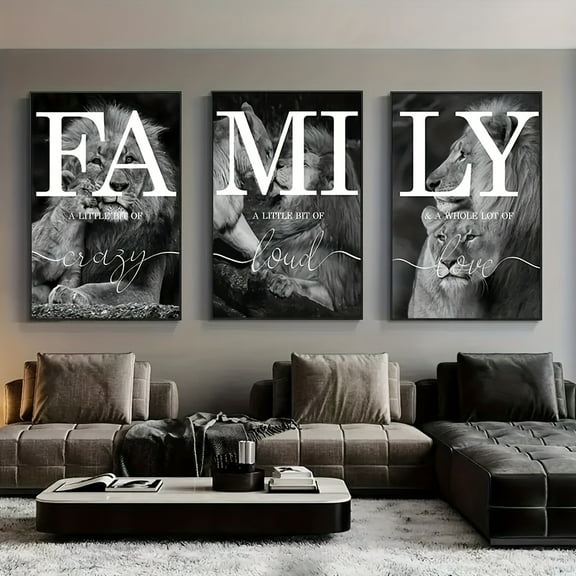 3pcs Black and White Unframed Canvas Poster, Modern Art Oil Painting, Lion Family Quote Home Sign for Bedroom Living Room Corridor, Wall Art, Wall Decor, Winter Decor, Room Decoration