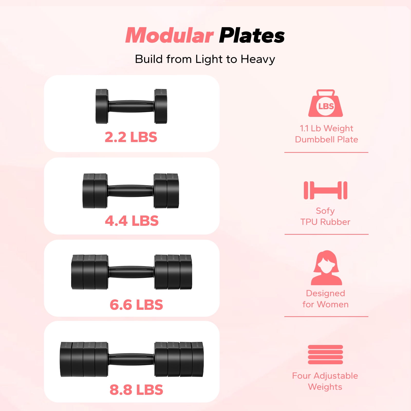 MERACH Adjustable Dumbbell Set, 4 in 1 Free Hand Weights for Women, Home Gym, 8.8 lbs, Set of 2