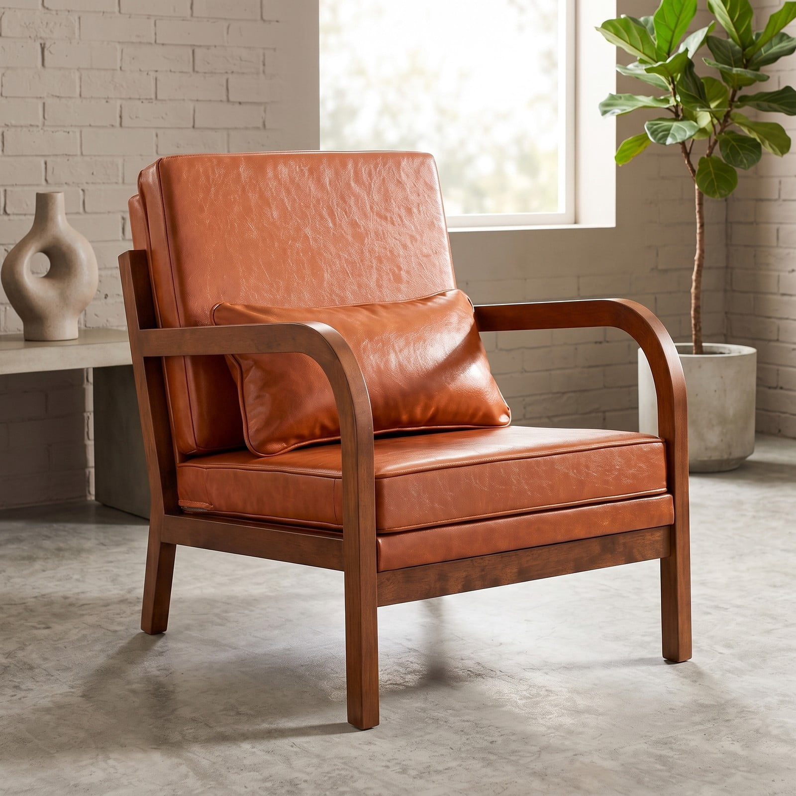 Furnibear Modern Accent Chair, Faux Leather Linen Fabric Upholstered Armchair with Removable Lumbar Pillow, Rubber Wood Frame Single Sofa Chair for Living Room, Brown