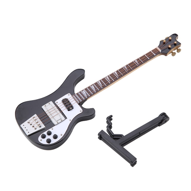 Réplica de bajo en miniatura negro con soporte y estuche, modelo de instrumento, adorno de regalo.