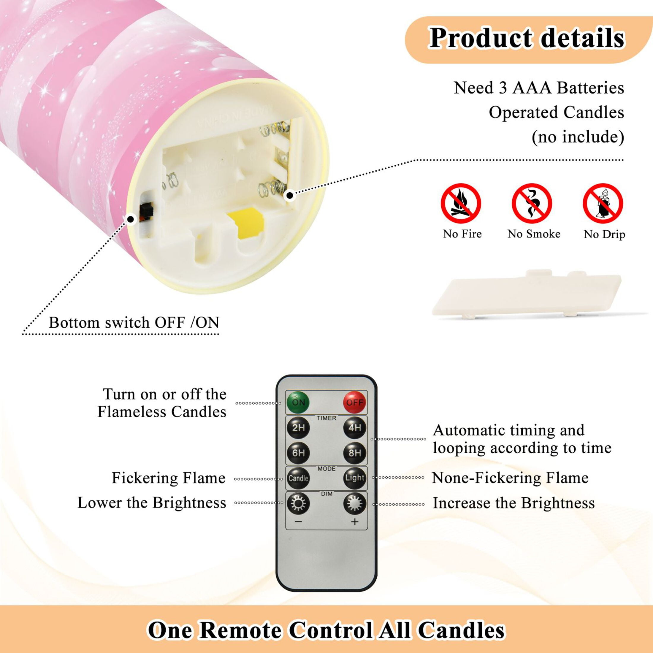 2 PCS Tilted Flameless Candles Flickering LED Lights Battery Operated Candles with Remote Timers for Holiday Decor Pink Stars and Waves