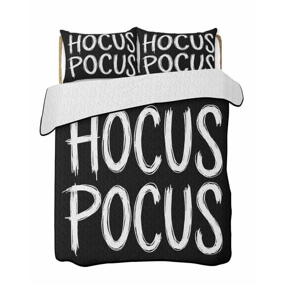 Quilts Full Size Bedding Set, Halloween Lightweight Quilted Comforter, Fall Modern Funny Letters Hocus Pocus Black Soft Reversible Bedspread Coverlet with Pillow Covers for All Season, 78" x 90"