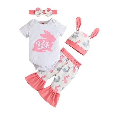 

Newborn Girls Casual Easter Cartoon Rabbit Printed Short Sleeve Romper Bodysuit Bell Bottoms Pants Headbands Hat Outfits 3-6M