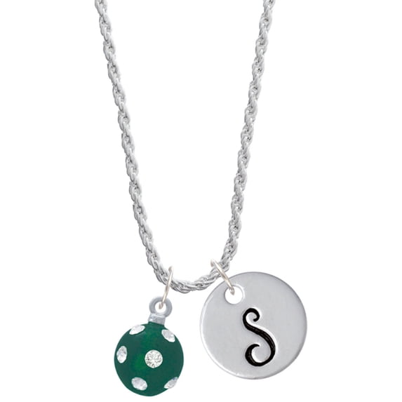 Delight Jewelry Silvertone 3-D Frosted Green Resin Ornament with Crystals Silvertone Script Initial Disc - S - Charm Necklace, 20"+3"
