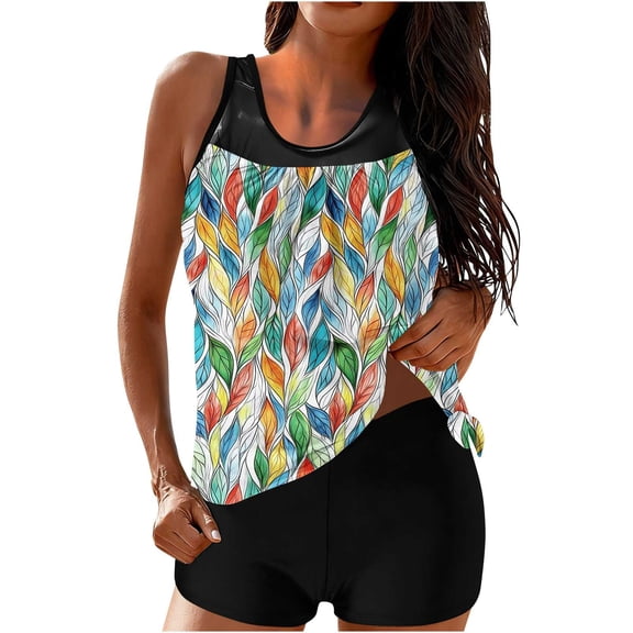 FDGIU Women's Modest Tankini Set with Built-in Bra - Tummy Control Tank Top & Shorts Bathing Suit