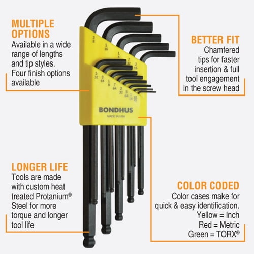 Bondhus 10937 Hex Key Wrench Set, Sizes .050-3/8 Inch, Set of 13