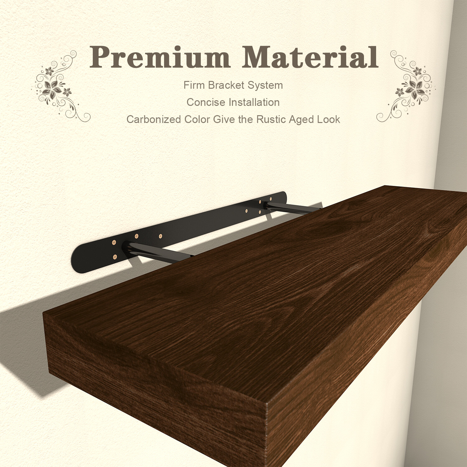 LINGJIA floating Wood Shelves Set of 2 - Rustic Shelf 24 inch - Wide Wooden Wall Shelves for Living Room Bedroom Kitchen Bathroom Farmhouse - Dark Walnut - 24" x 6.3"