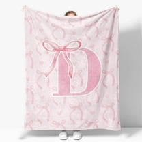 Coquette Pink Bow Throw Blanket, Personalized Initial Alphabet Fluffy Cozy Flannel Blanket, Monogrammed Gifts for Women, Unique Customized Blanket for Her Girls Christmas Birthday
