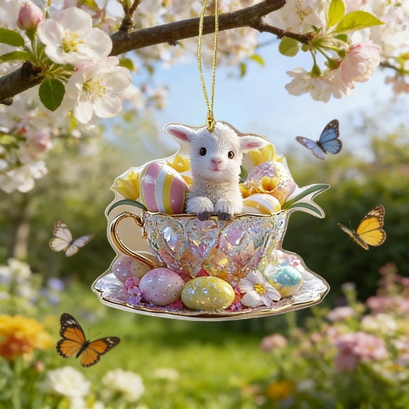 Easter Bunny and Egg Hanging Ornament, 2D Flat Acrylic Decor Pendant for Home, Garden, Wall, Window, Spring Easter Gifts and Holiday Decoration