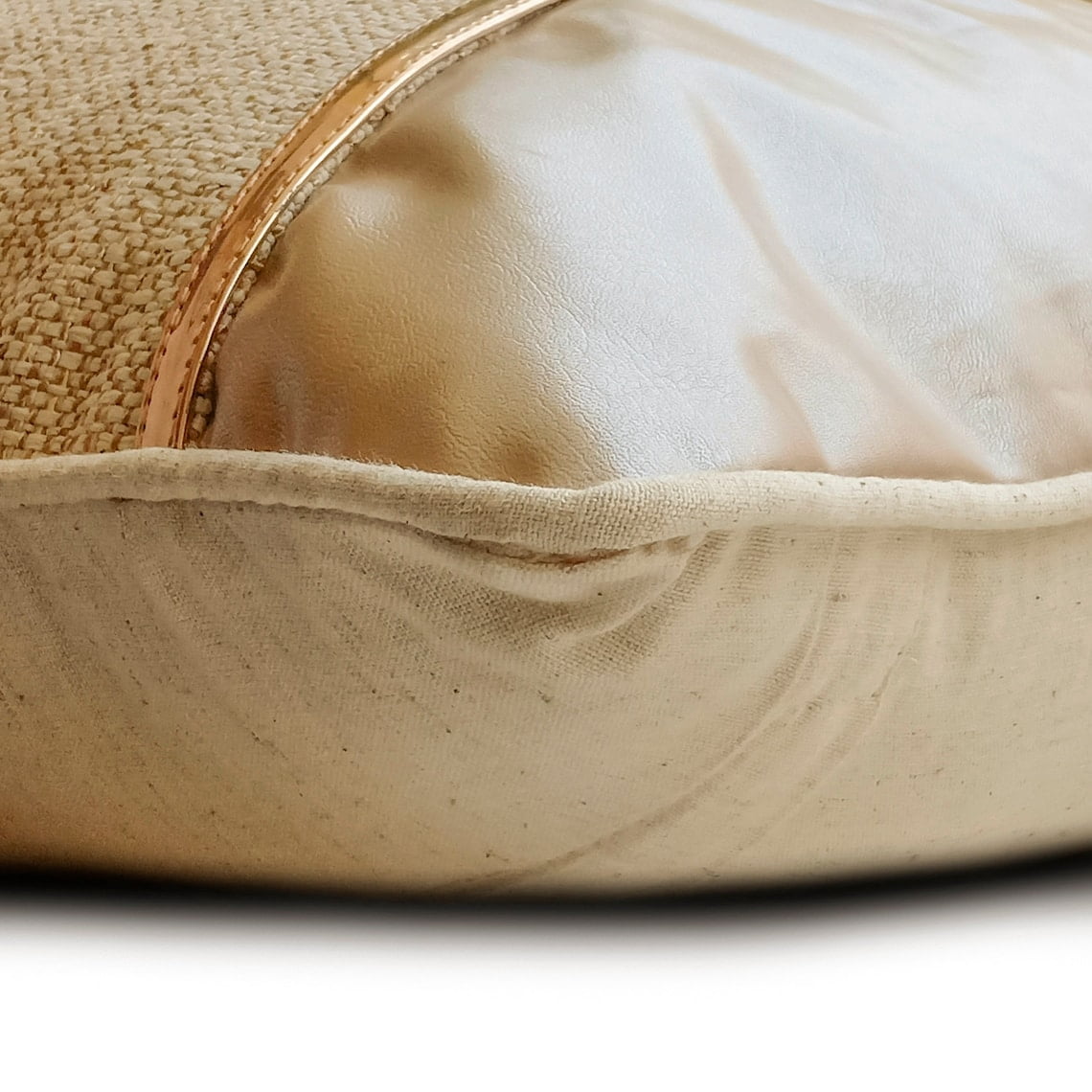 Decorative Beige & Gold 16"x16" (40x40 cm) Pillow Covers, Jute & Faux Leather Patchwork, Leather & Jute Throw Pillows For Sofa, Solid Color Pattern Modern Style - Acland