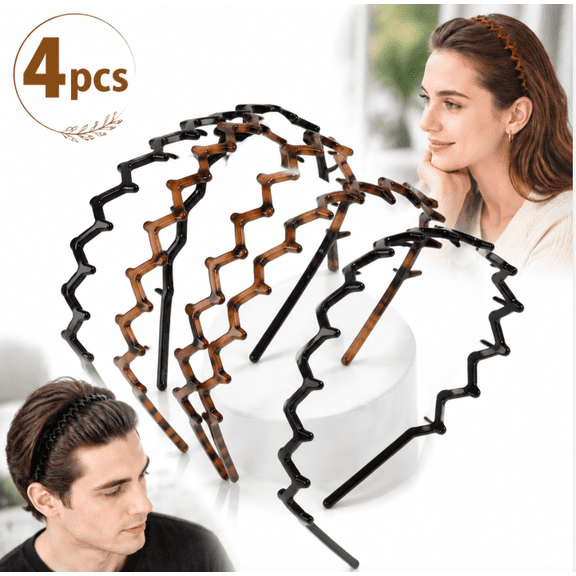 Genreen Zig Zag Headbands for Women Teen Girls Men, Plastic Hair Bands with Teeth Thin Zigzag Head Bands for Women's Hair, Non Slip Black Comb Hairbands Accessories, 4 Packs