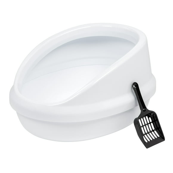 IRIS USA Large High-Back Open Top Cat Litter Tray with Scoop, Easy to Clean Sleek Stylish Open Air Kitty Litter Pan with Tall Built-in Scatter Shield Back, White