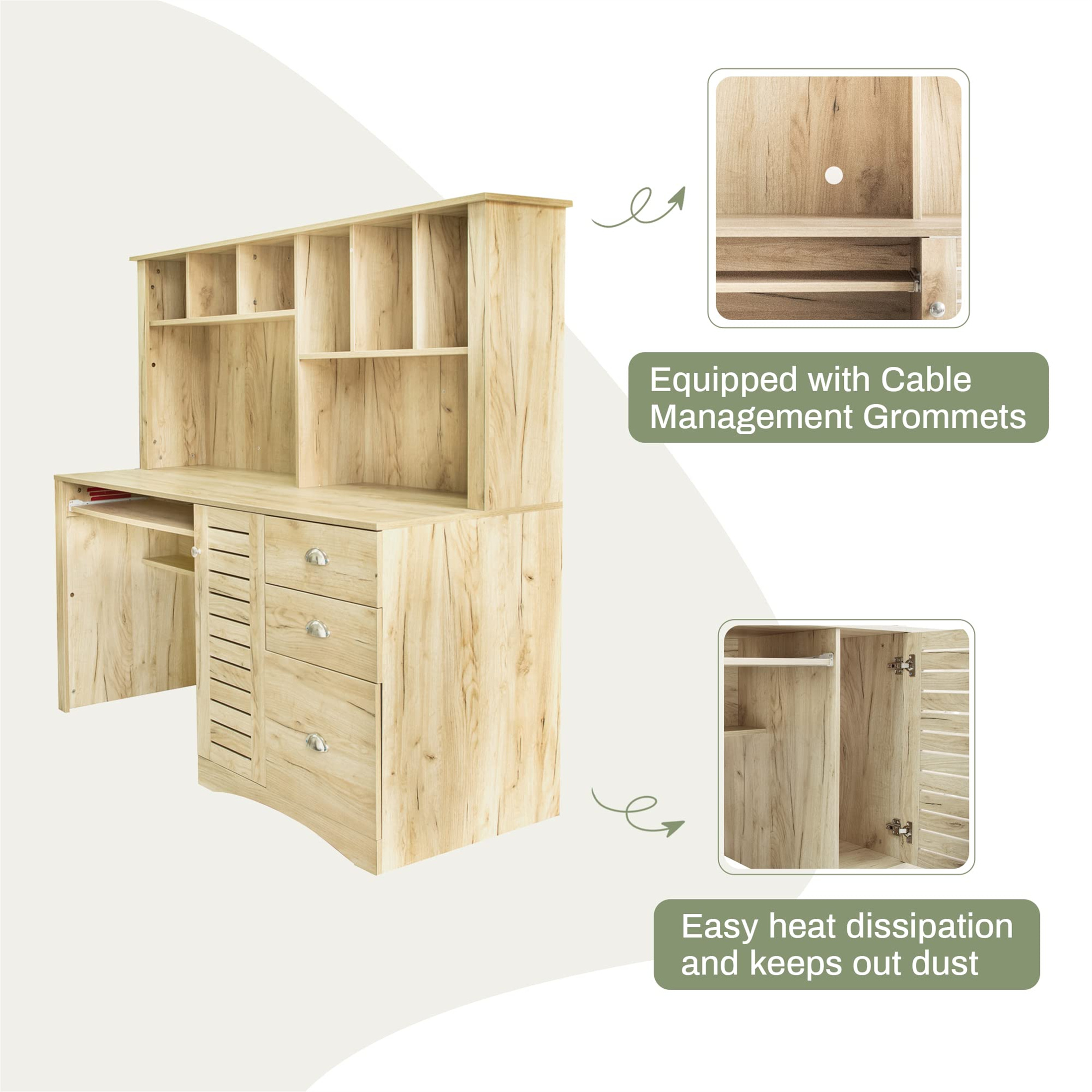 Aukfa 59" Computer Desk with Hutch for Home Office, 3 Drawers, Keyboard Tray, Oak Color