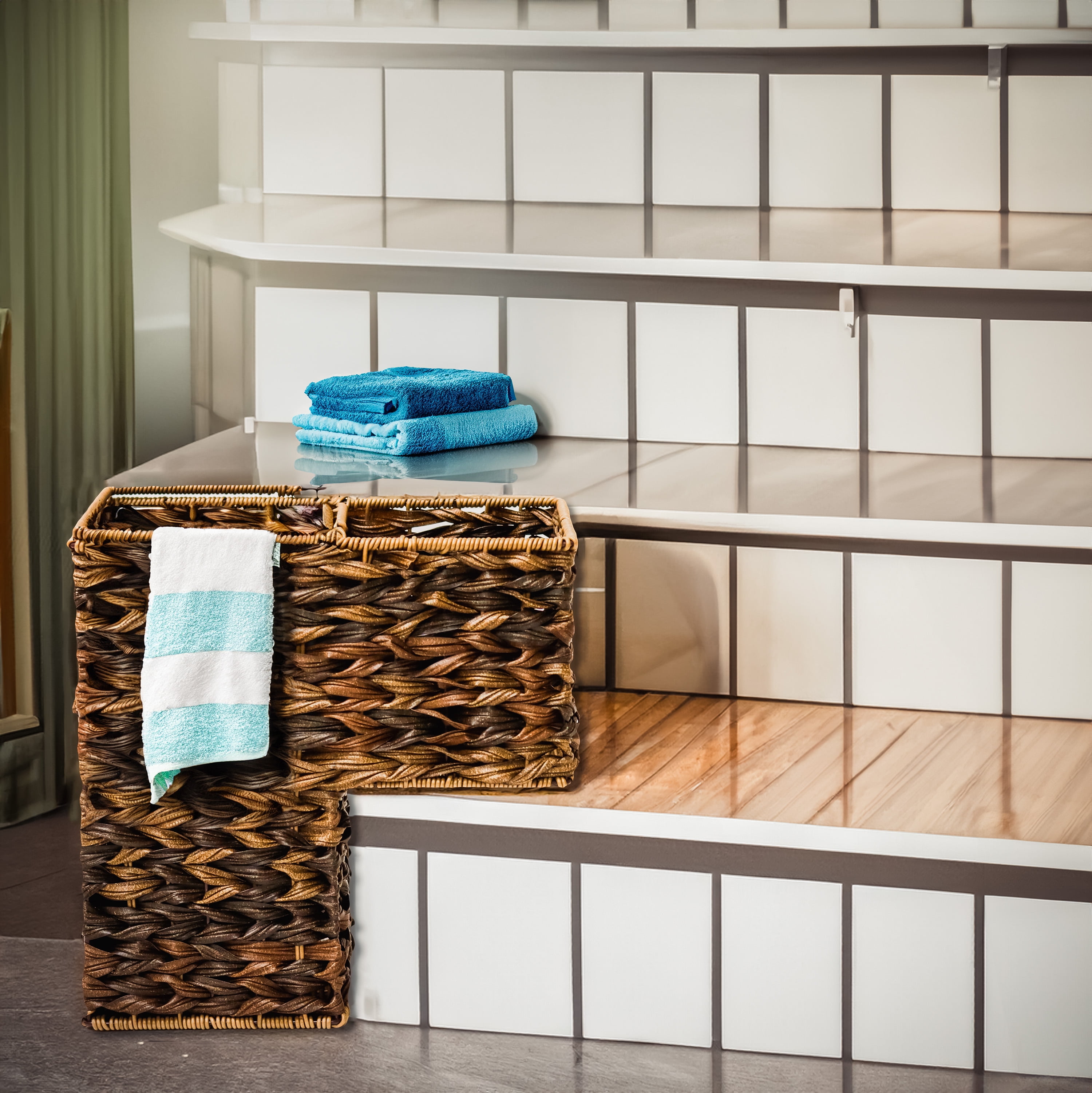 14.5 in Plastic Wicker Storage Stair Basket with Handle (Brown)
