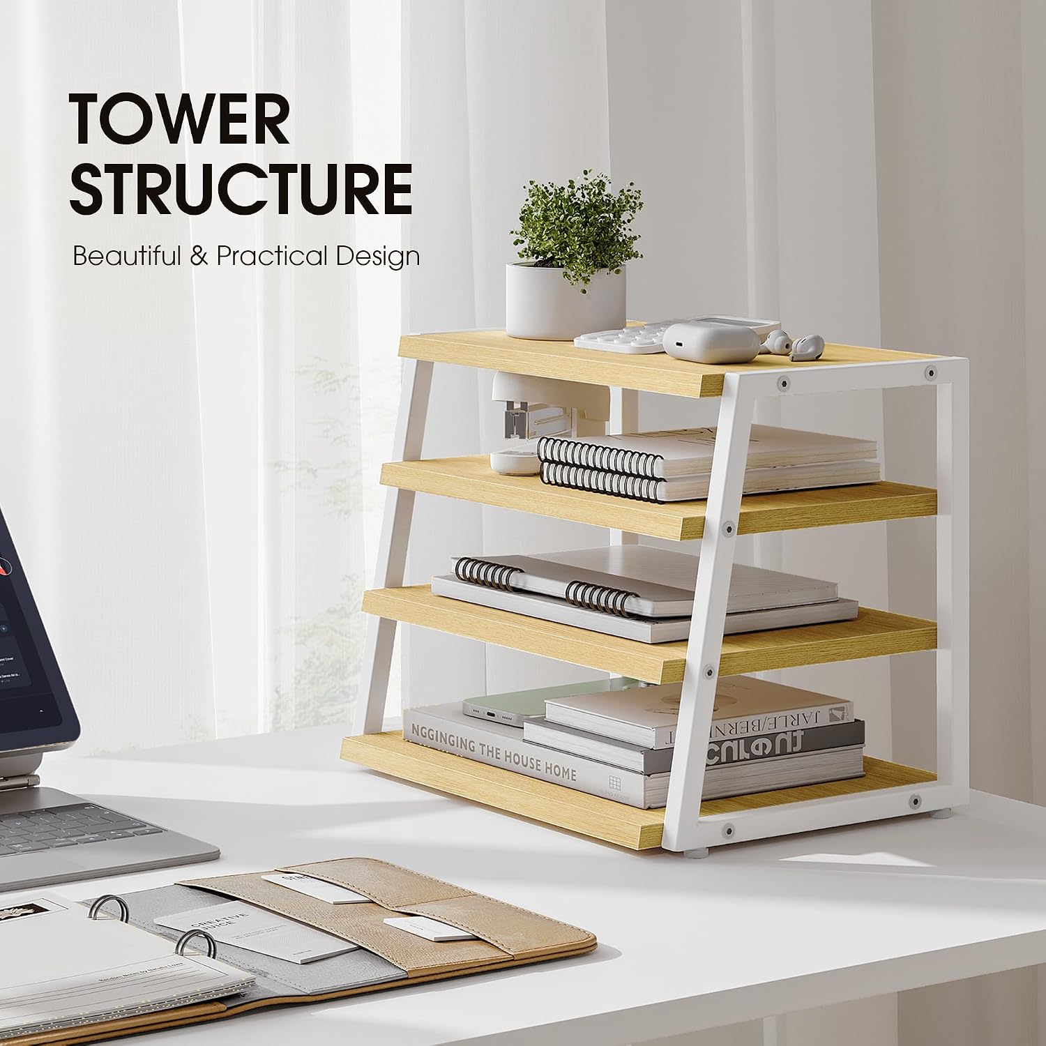 Fenge 4-Tier Desktop Shelf Organizer with Wood and Metal Storage, Brown