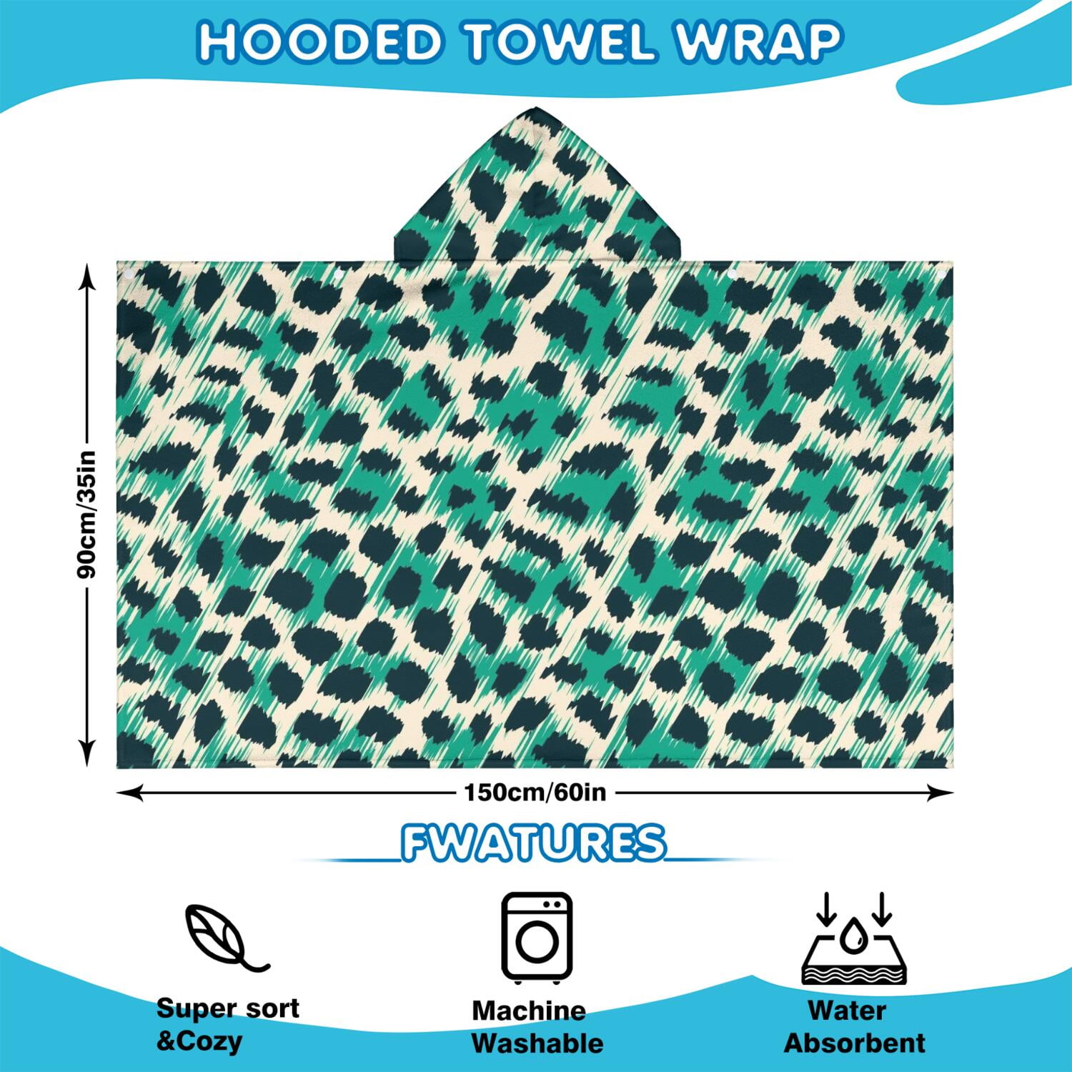 Leopard Pattern with Green and Black Spots Hooded Bath Towel，60"x35" for Ages 3 To 12 Kids, Quick Dry Lightweight Soft Microfiber Hood Beach Towel Cover Up for Kids