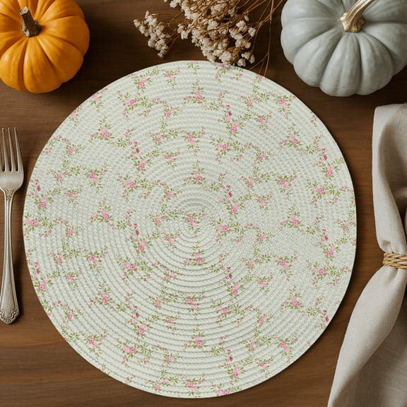 Pastoral Pink Flower Round Braided Placemats Set of 4, Fall Leaf Green Background Country Floral Heat Insulation Place Mats Washable Non-Slip Table Mats for Kitchen Dining Party, 15 Inches