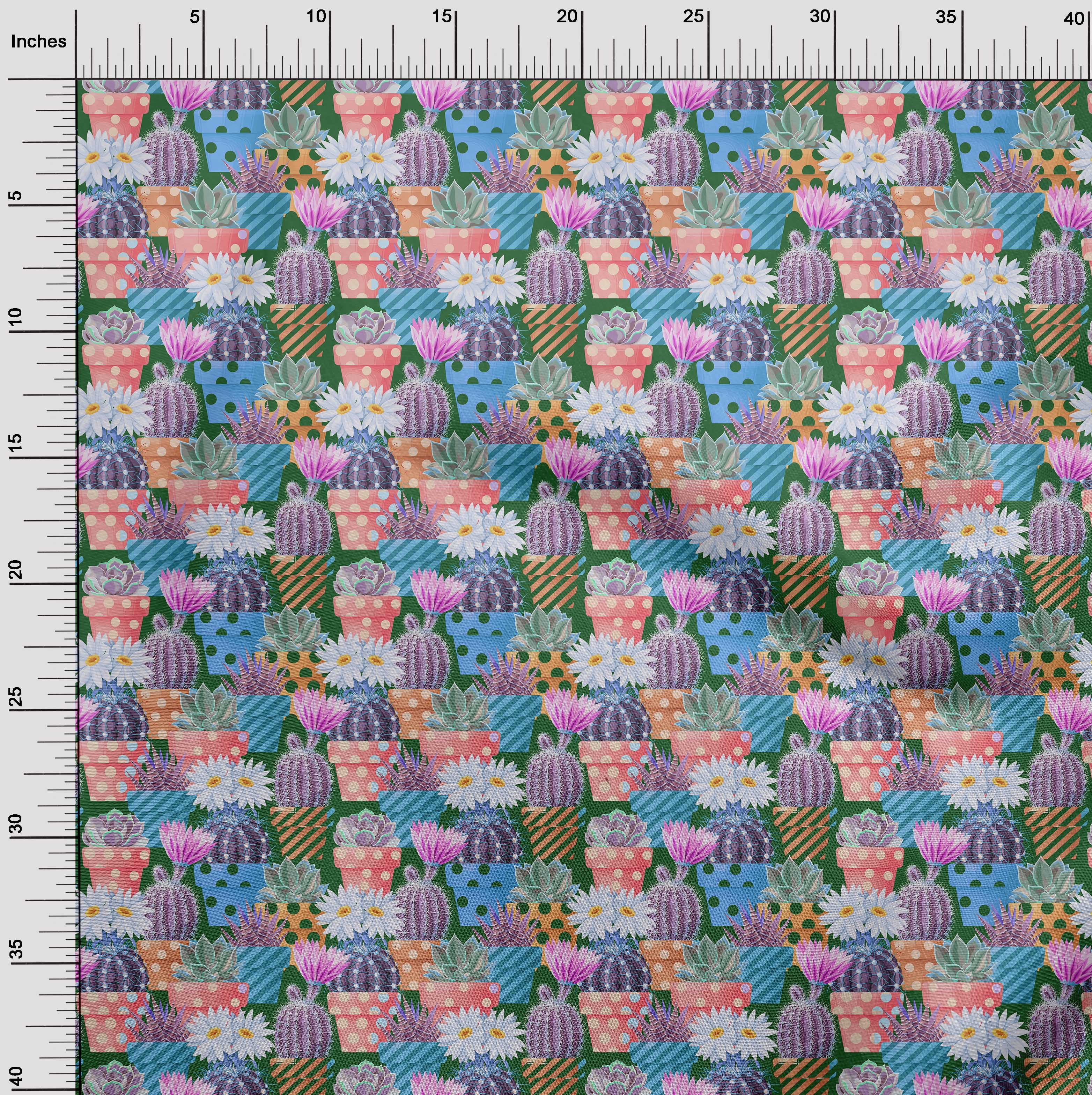 oneOone Cotton Cambric Green Fabric Plants Cactus With Flowers Fabric For Sewing Printed Craft Fabric By The Yard 42 Inch Wide