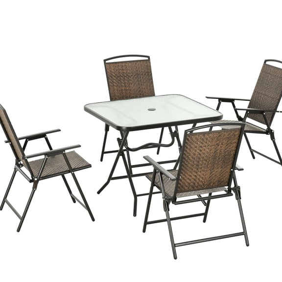 Brown Rattan Furniture - Tempered Glass Table - Outdoor Meal Time - Foldable for Storage
