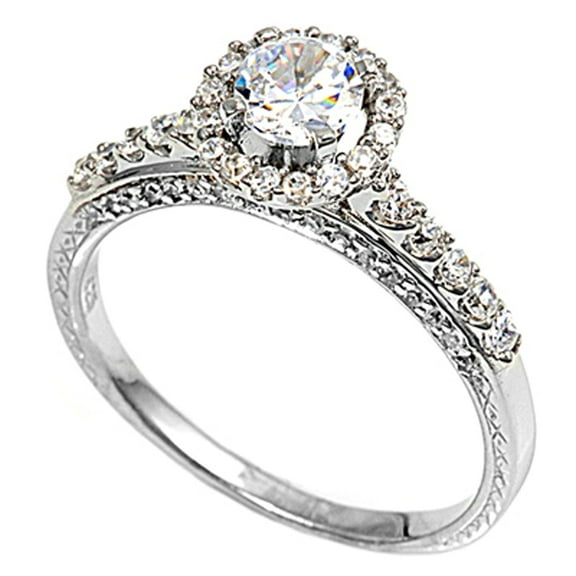 Round Solitaire Clear CZ Wedding Halo Ring .925 Sterling Silver Band White Female Size 10