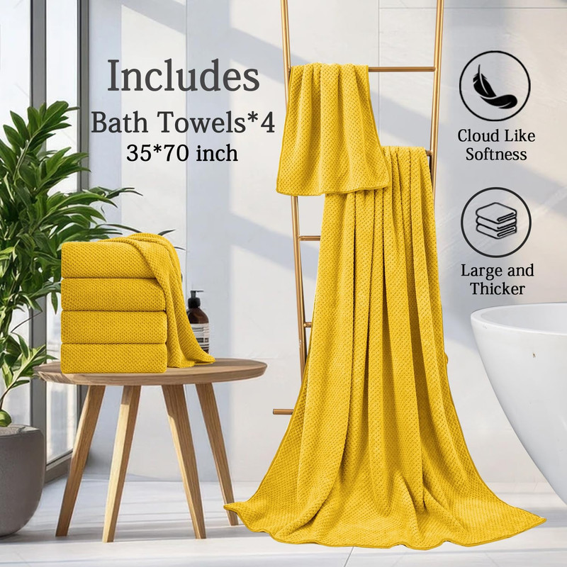 Ultra Soft Bath Towels, 4 Pack Dark Yellow Oversized Bath Sheet Set by Muddy Cat Home - 600 GSM