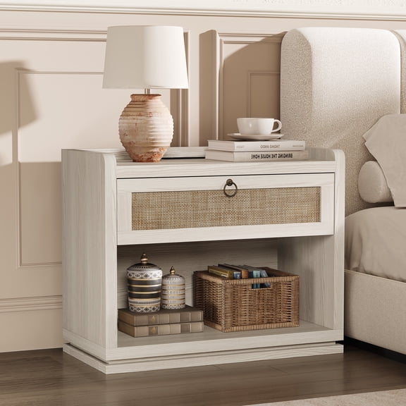 31'' Rattan Nightstand Bedside Table with Drawer, End Table with Charging Station for Living Room Bedroom
