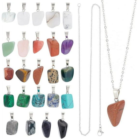 1 Box About 36pcs DIY Gemstone Pendant Necklaces Kits 45cm Stainless Steel Cable Chain Necklaces with 24 Styles Nuggets Gemstone Pendants for DIY Jewelry Making