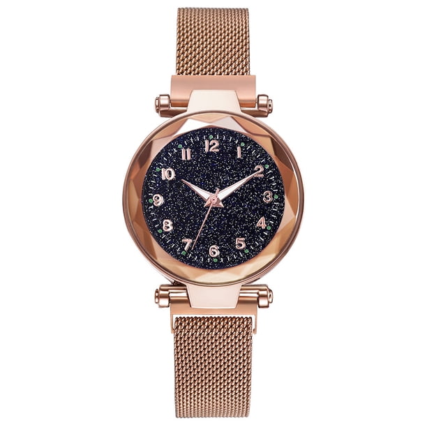 Reloj de cuarzo para mujer, correa de malla de acero inoxidable, reloj de pulsera con número de cielo estrellado, reloj decorativo para niñas AweSitey EL0260-05B