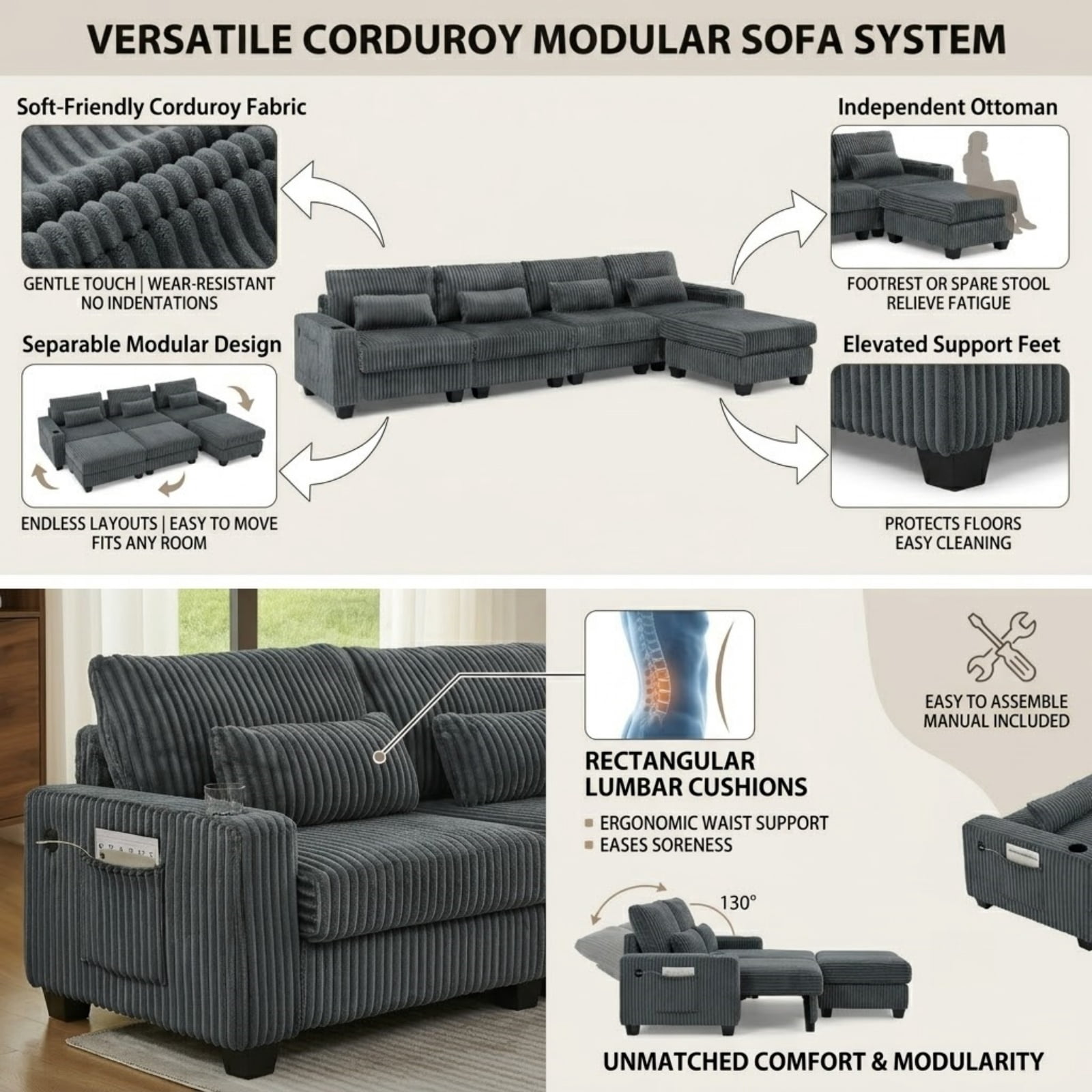 Modular L-Shaped Sectional Sofa with Detachable Ottoman Footrest and Cup Holders, Corduroy 4-Seater Sofa Couch with Side Storage Pockets and Sturdy Plastic Support Feet for Living Room