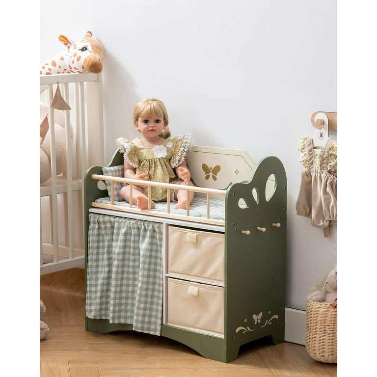 Robud Victoria Doll Crib Wooden Baby Doll Cradle with Storage and