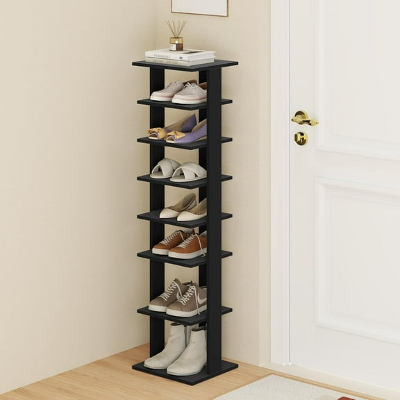 8-Tier Vertical Shoe Rack, Narrow Space-Saving Shoe Organizer for Entryway, Closet, or Front Door, Modern Corner Shoe Storage for 7 Pairs with Adjustable Shelves, Engineered Wood-Black