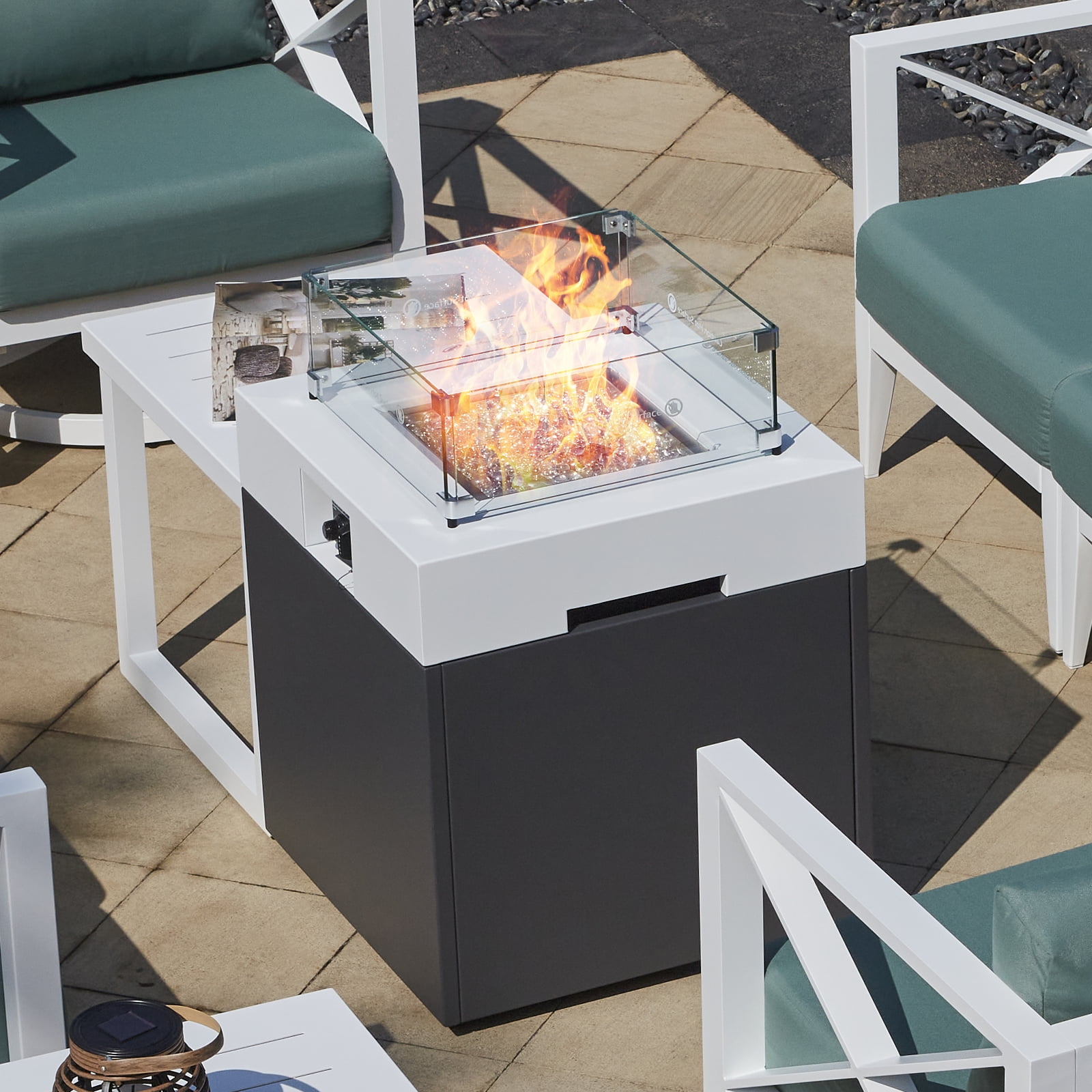 JXXM 22" Outdoor Aluminum Gas Fire Pit Table, 37,000 BTU, with Lid, Glass Wind Guard, Fire Glass, and Waterproof Cover, CSA Certified–White